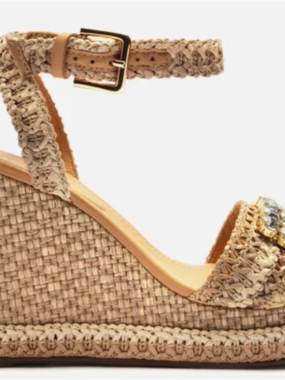 Braided Tan Wedge Sandals with Crystal Strap - Picture 8 of 12